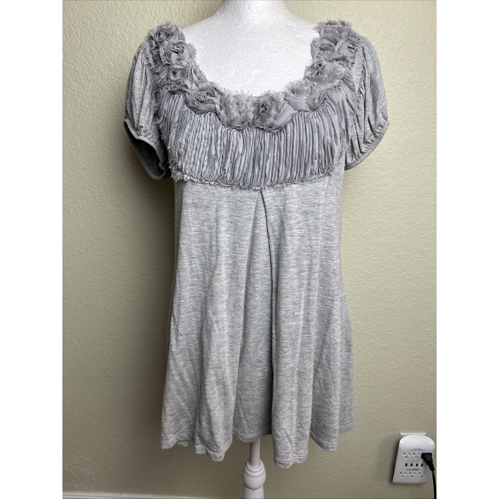 Gemstone Top T-Shirt Short Sleeve‎ Gray Tunic Size S Pleated Decorative Neckline